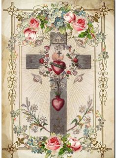 a cross with roses and hearts on it, surrounded by ornate bordering around the edges