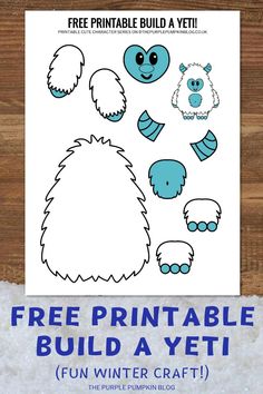 the printable yeti for winter crafts is shown with text that reads, free printable