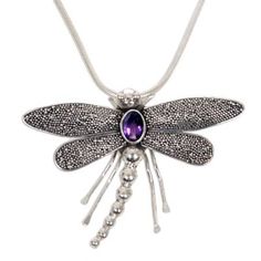 A gleaming sterling silver dragonfly, symbol of grace and good fortune, cradles a faceted amethyst in this design by Baliâs Putu Putri .925 Sterling silver Sterling Silver Dragonfly Necklace, Novica Jewelry, Silver Dragonfly Necklace, Amethyst Pendant Necklace, Dragonfly Jewelry, Amethyst Necklace Pendant, Dragonfly Necklace, Handcrafted Necklace, Amethyst Necklace