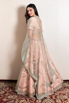 Shop for Kesar Studio Peach Zari Embroidered Lehenga Set for Women Online at Aza Fashions Elegant Peach Lehenga For Eid, Bollywood Style Peach Lehenga For Eid, Traditional Drape Peach Lehenga For Eid, Peach Bollywood Lehenga For Eid, Peach Floor-length Sets With Zari Work, Peach Lehenga With Resham Embroidery In Traditional Drape, Embroidered Anarkali Choli In Peach, Embroidered Peach Sets For Reception, Diwali Peach Lehenga With Resham Embroidery