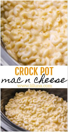 crock pot macaroni and cheese in a pan with text overlay that says crock pot macaroni and cheese