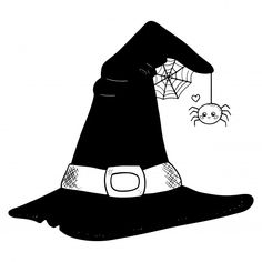 a black and white drawing of a witch hat with a spider hanging from it's web