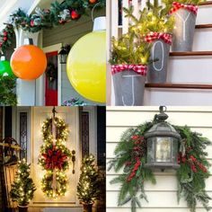 christmas decorations and wreaths on the front porch