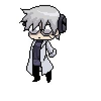 the pixel art of an anime character with white hair and black eyes, wearing a lab coat