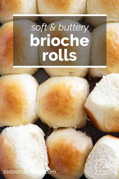 soft and buttery brioche rolls on a baking sheet with text overlay