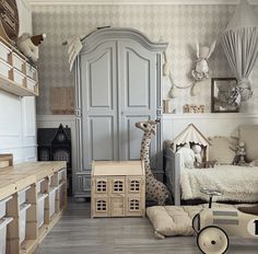 a child's bedroom decorated in neutral tones