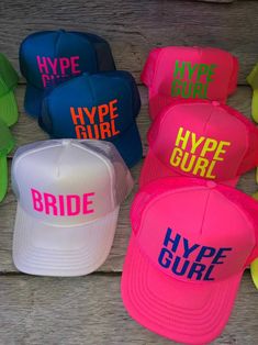 Every bride needs her hype girls! Gear up your bachelorette party with these colorful trucker hats. This design is made with top of the line commercial grade vinyl and/or glitter vinyl. They are then sealed for long last and durability with a commercial grade heat press. Bachelorette Party Hats, Nauti Bride, Bachelorette Hats, Neon Birthday Party