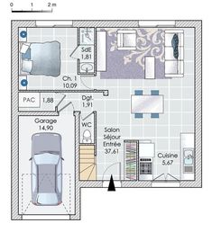 the floor plan for an apartment with two beds and one car parked on the other side