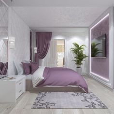 a bedroom with purple and white decor in it