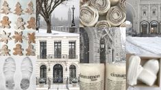 a collage of photos with white and gold items in the foreground, snow on the ground, trees, buildings, and street lights