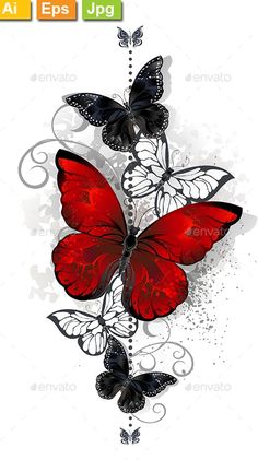 three red butterflies flying in the air with white background - miscellaneous objects / objects illustrations