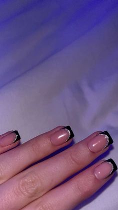 Short Black Hoco Nails, Black French Tips With Silver Glitter, French Tip And Lines Nails, Nails To Go With Black Hoco Dress, Black And Silver Nails Short Square, Black Tip With Silver Line Nails, Short Gel Nails Black French Tips, Natural Nail Black French Tip, Gel Nails For Black Dress