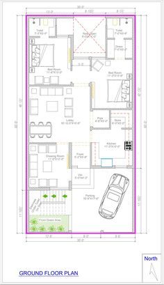 the ground plan for a house with two floors and three car parking spaces on each side