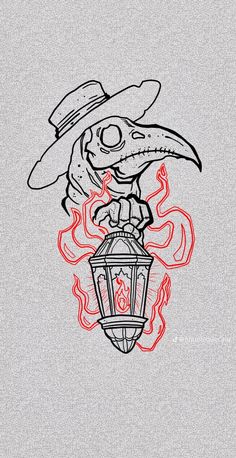 a drawing of a bird wearing a hat and holding a lantern