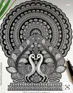 an intricately designed peacock is shown in black and white on a sheet of paper