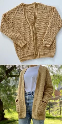 a woman's sweater and cardigan are shown in two different pictures, one is brown