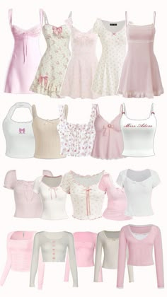 many different types of dresses and bras on display in a white background with pink accents