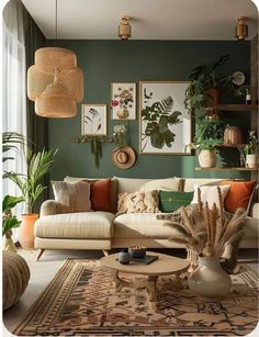 a living room filled with lots of furniture and plants on top of the couches