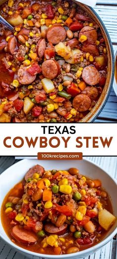 two pictures showing different types of chili and beans in a bowl with the words texas cowboy stew