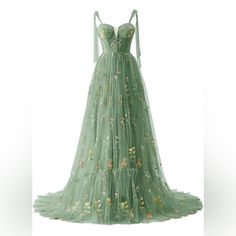 Only Worn Once For Engagement Photos. Color Is True To First Pic, The Rest Were Edited By Photographer So The Green Looks A Bit Lighter. True To Size As Well, Very Adjustable With Corset Back. Long Train, Gorgeous Dress. Tulle Green Dress, Green Bridal Dress, Fairy Garden Dress, Green Wedding Dresses, 2025 Wedding, Garden Dress, Corset Back, Green Floral Dress, Long Train