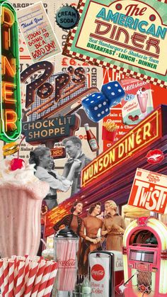 a collage of vintage signs, food and drink are featured in this image as if it is from the 1950's