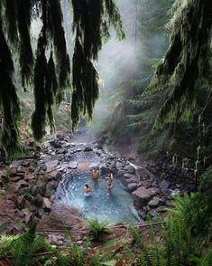 three people sitting in a hot tub surrounded by rocks and trees, with the water running through them