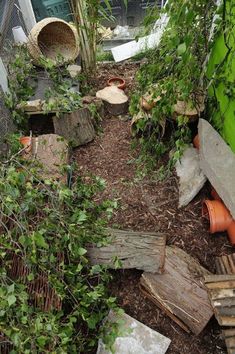 a pile of wood sitting in the middle of a yard next to a green wall