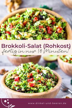 broccoli salad in wooden bowls with text overlay