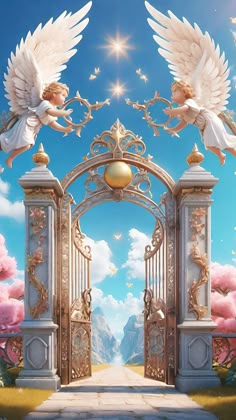 an artistic painting of two angels flying over a gate