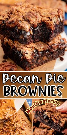 pecan pie brownies are stacked on top of each other