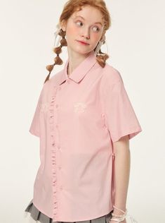 ❤︎Ruffled lace one-pointed ribbon shirt❤︎ Ribbon Shirt, Press The Button, Pink M, Heart Bag, Gift Of Time, Novelty Items, Pearl Chain, Embroidered Top, Summer Tops