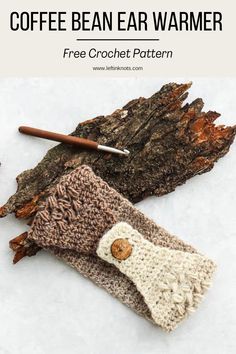 coffee bean ear warmer free crochet pattern with text overlay that reads, coffee bean ear warmer free crochet pattern