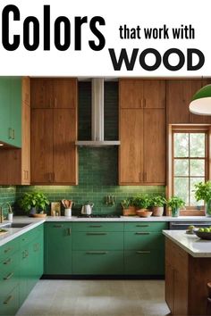 a green kitchen with wooden cabinets and white counter tops is featured in the magazine colors that work with wood