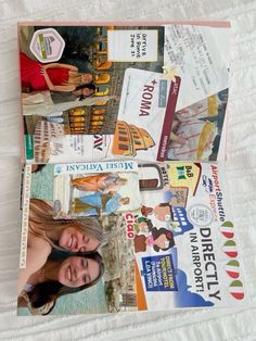 two girls are standing next to each other in front of some newspaper pages and magazines