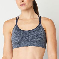 You'll love wearing this ultra-comfy yet high-performing sports bra from Xersion's women's collection. Made from a recycled soft stretch-jersey with quick-dry properties, this seamless bra also has a strappy back design and removable cups. Style yours with a pair of workout leggings or shorts. Bra Type: Strappy Back Bra, SportsFeatures: Quick Dry, Removable Pads, Stretch Fabric, SeamlessClosure Type: Pullover HeadSupport: Light SupportFiber Content: 65% Nylon, 30% Recycled Polyester, 5% SpandexF Blue Supportive Stretch Sports Bra, Supportive Blue Stretch Sports Bra, Blue Seamless Fabric Sports Bra For Workout, Seamless Sports Bra In Recycled Polyester, Blue Seamless Sports Bra With Flexible Fit, Supportive Seamless Blue Sports Bra, Blue Medium Support Seamless Sports Bra, Compressive Blue Sports Bra Sweat Resistant, Blue Medium Support Sports Bra In Seamless Fabric