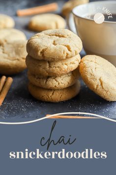 cookies stacked on top of each other with cinnamon sticks next to them and a bowl of milk