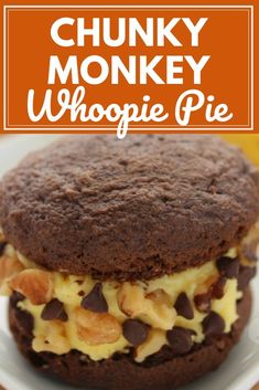 a chocolate cookie ice cream sandwich on a white plate with the title chunk monkey whoopie pie