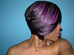 Purple and lavender highlights Short Feathered Hairstyles Black Women, Feathered Hairstyles Black Women, Hairstyles With Wigs, Short Feathered Hairstyles, Short Hairstyles 2015, Ombre Bob, Purple Flame, Popular Short Hairstyles