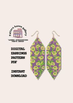 the pattern for earrings is shown in green, yellow and purple