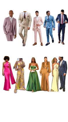 men and women dressed in different colored suits