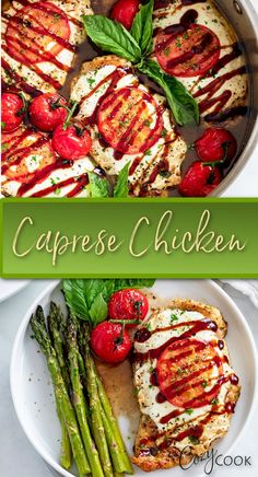 caprese chicken with a side of tomatoes and asparagus. Fresh Mozzarella Recipe, Baked Caprese Chicken, Foods Dinner, Balsamic Sauce, Cozy Cook, Chicken Caprese, Summer Chicken Recipes, Caprese Recipes, Clean Meals