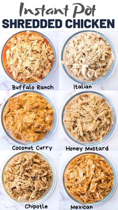 the instructions for shredded chicken in bowls on a white surface with text overlay that reads instant pot shredded chicken