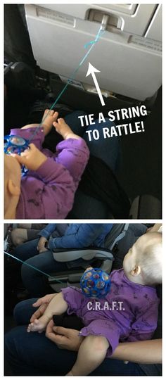 two pictures showing how to use the seat belt on an airplane, with text reading tie a string to rattle