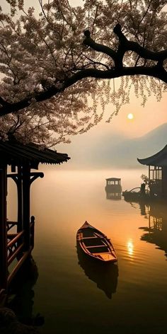 a boat floating on top of a body of water under a cherry blossom covered tree