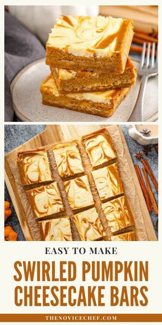 easy to make swirled pumpkin cheesecake bars are the perfect dessert for fall and halloween