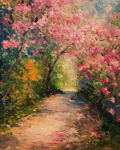 an oil painting of trees and flowers on a path