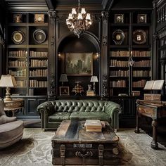 a living room filled with furniture and bookshelves covered in lots of bookcases