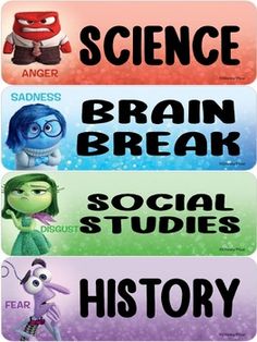 four different posters with cartoon characters and words that say science, brain break, social studies, history