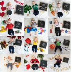 a collage of photos with babies dressed up in holiday outfits and christmas decorations on them