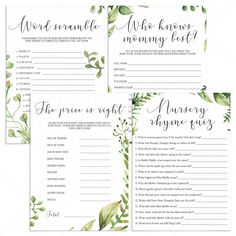 Garden baby shower games and decor printables by LittleSizzle Birthday Word Scramble, Finish My Phrase, 50th Birthday Games, Botanical Birthday, Nursery Rhyme Quiz, Garden Baby Shower Theme, Virtual Baby Shower Games, Modern Baby Shower Games, Would She Rather